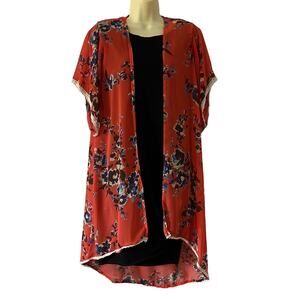 Chic Happens S Orange Floral Boho Sheer Chiffon Kimono Top with Lace Trim